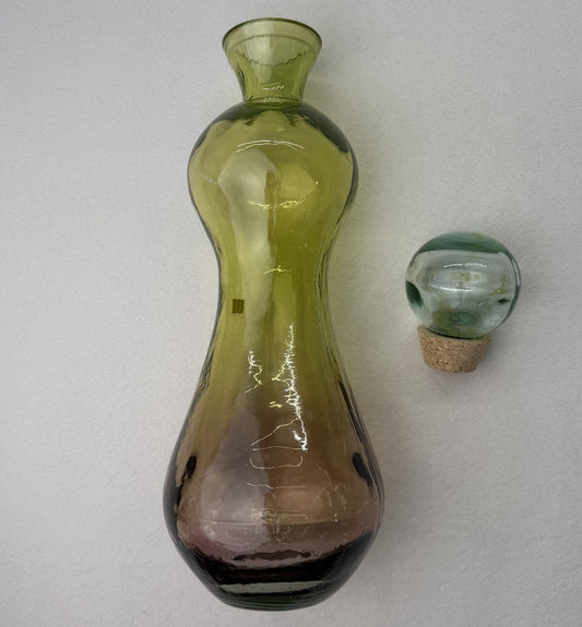 Hand Blown Spanish Art Glass Decanter Ombre Olive Amber Plum Genie Bottle W Plug