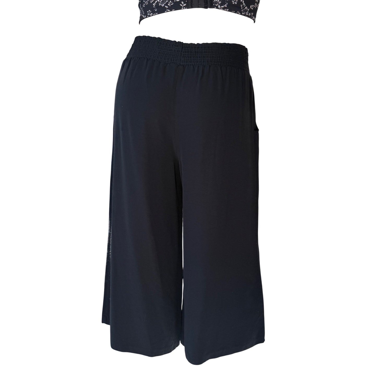 Vintage Wide Leg Pants Black Rayon Smocked High Waist Cropped Culottes Large