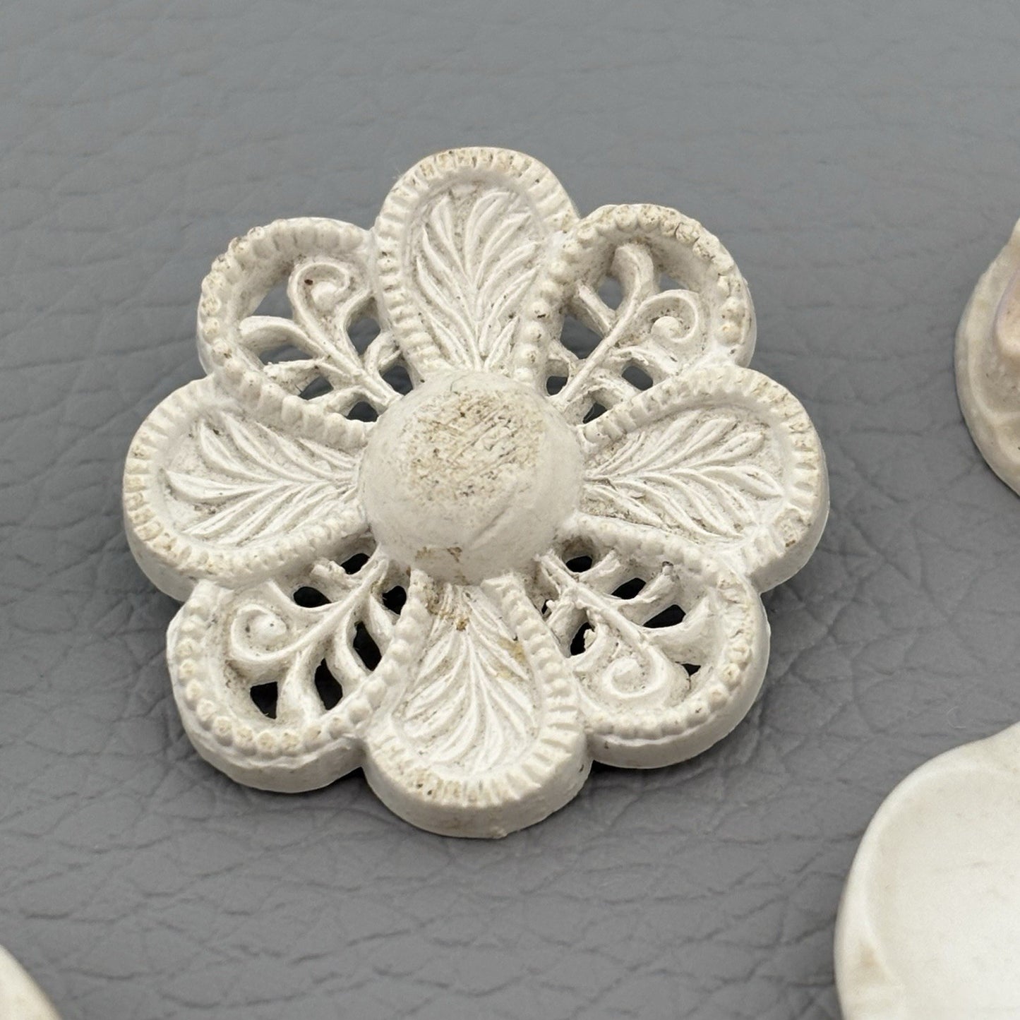 Vintage Carved Early Plastic Buttons – Antique White Floral & Pierced Mix 50 Lot