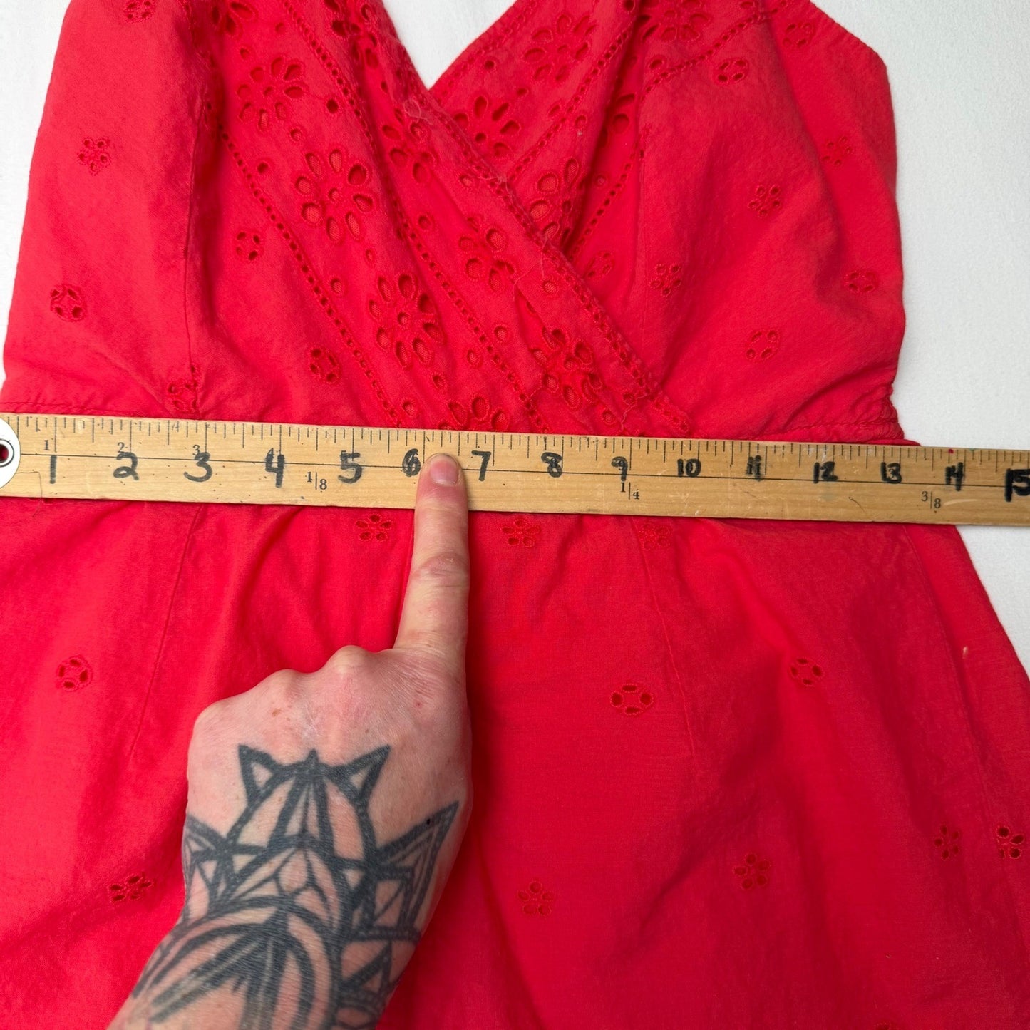 Coral Red Eyelet Embroidered Cotton Romper Smocked Back Boho Festival Country