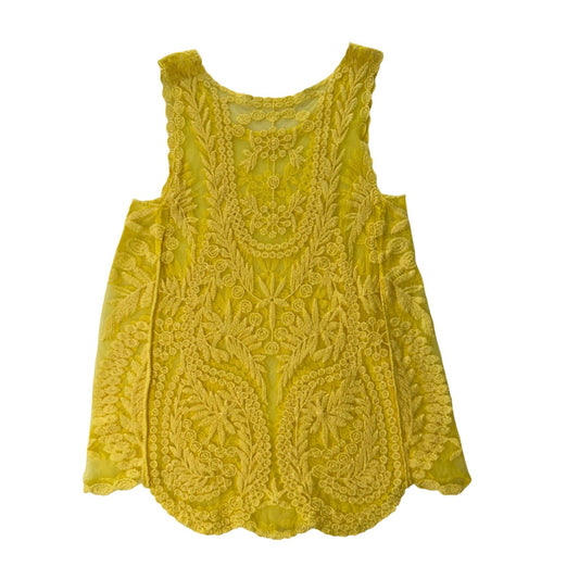 Yellow Floral Lace Mesh Sleeveless Boho Scalloped Top Camisole Cottagecore