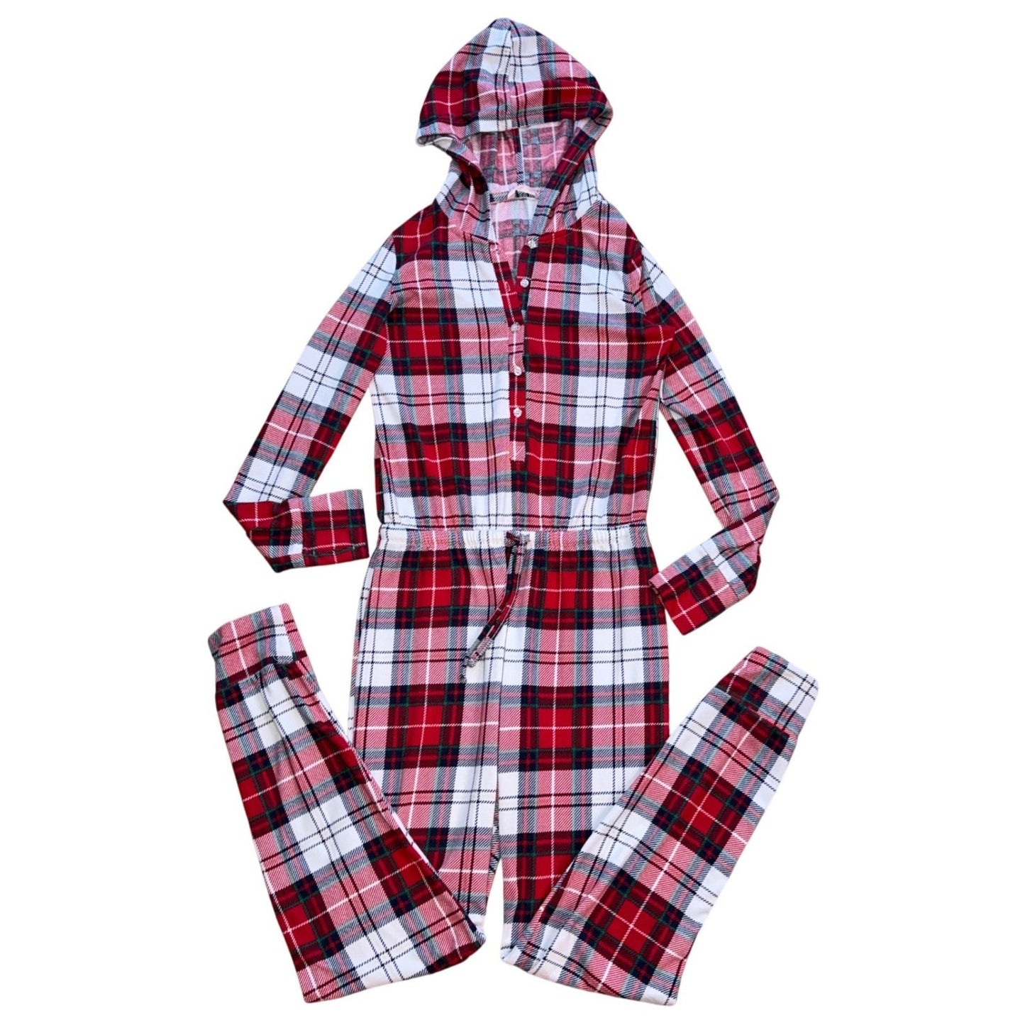 La Vie en Rose Pajama One Piece Plaid Hooded Christmas Loungewear XS