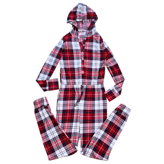 La Vie en Rose Pajama One Piece Plaid Hooded Christmas Loungewear XS