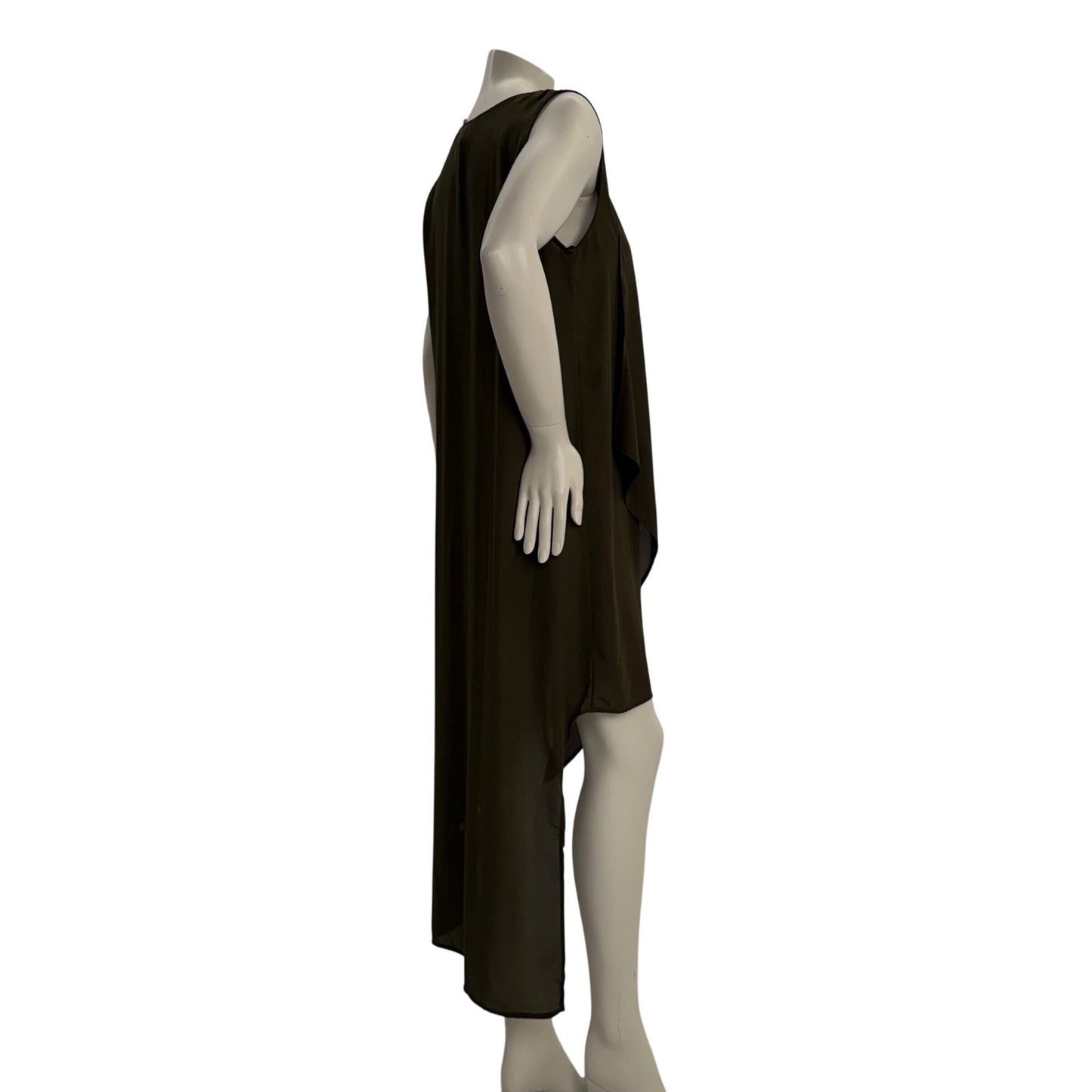 Olive Green High Low Draped V-Neck Top Sheer Dress Large Lagenlook Goblincore