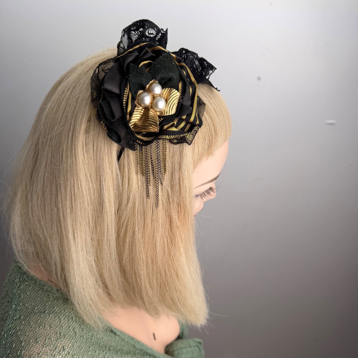 Handmade Floral Fascinator Headband Gold Chain Faux Pearl Gothic Victorian OS