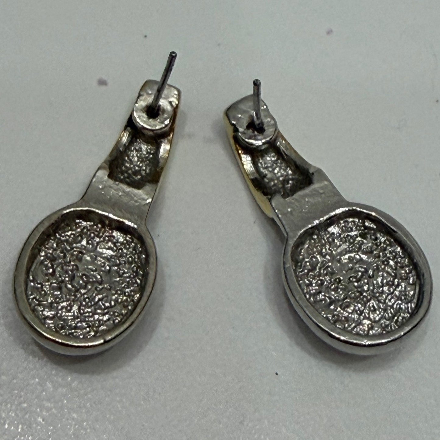 Silver Tone Drop Earrings Grey Cats Eye Greek Key Mixed Metal Vintage Style OS