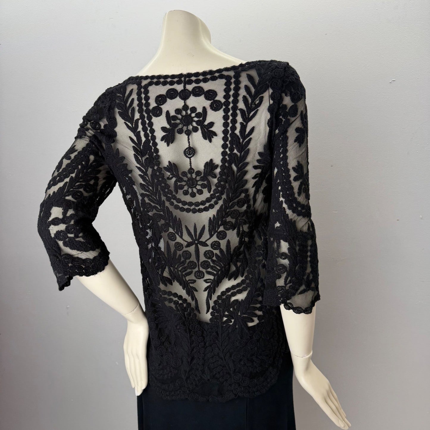 Black Sheer Mesh Top Embroidered Floral   Blouse Whimsigoth Victorian Boatneck