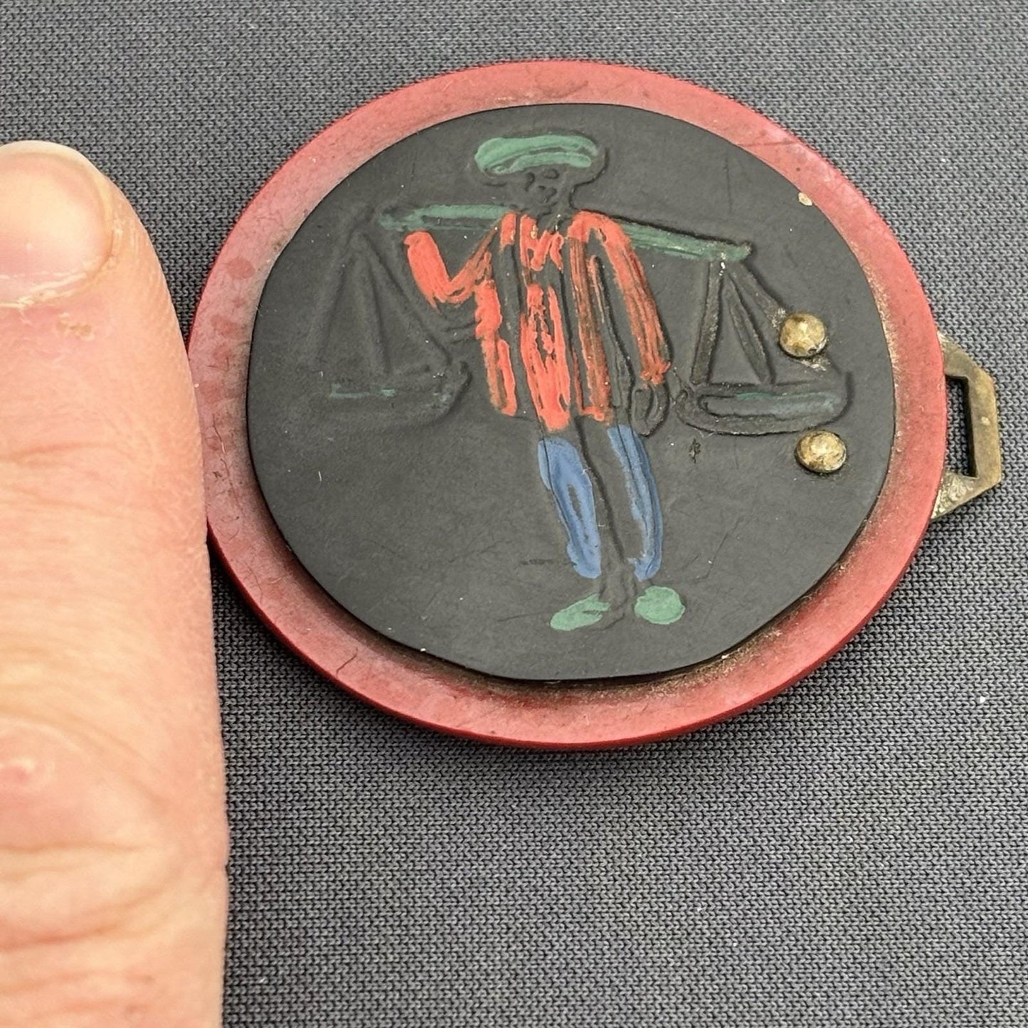 Rare 1930s Hand-Painted Bakelite & Brass Buttons — Oriental Market Scene, Red