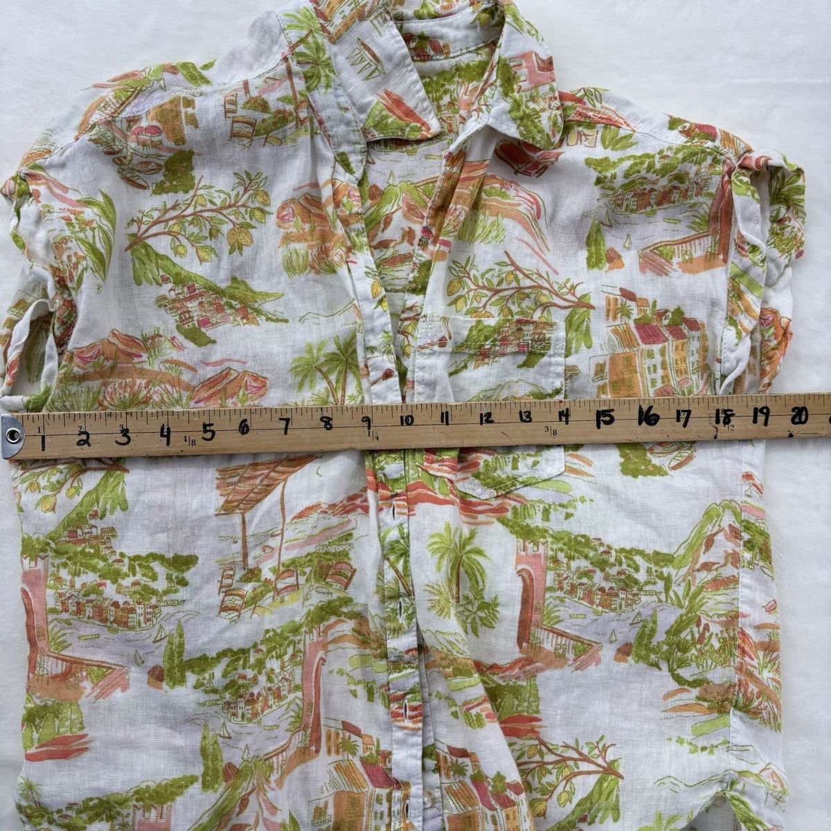 Cynthia Rowley 100% Linen Crop Shirt M Tropical Coastal Resort Print Button Vaca