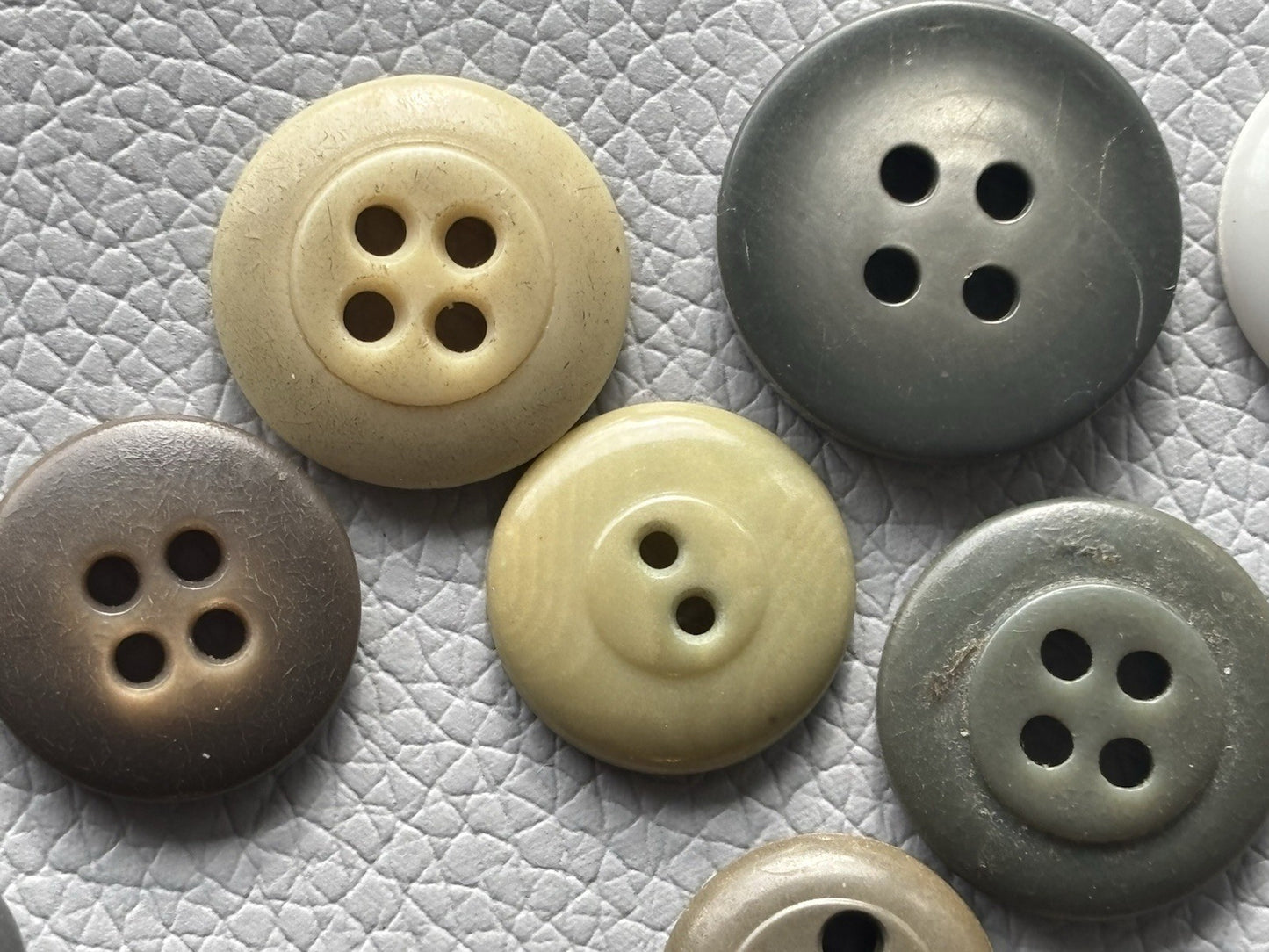 Vintage Button Lot Of 59 Early Plastic Four Hole Buttons Grey Taupe White Brown