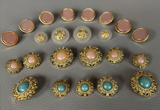 Contemporary Gold Filigree Cabochon Button Lot Pink Aqua Frosted Retro Style Set