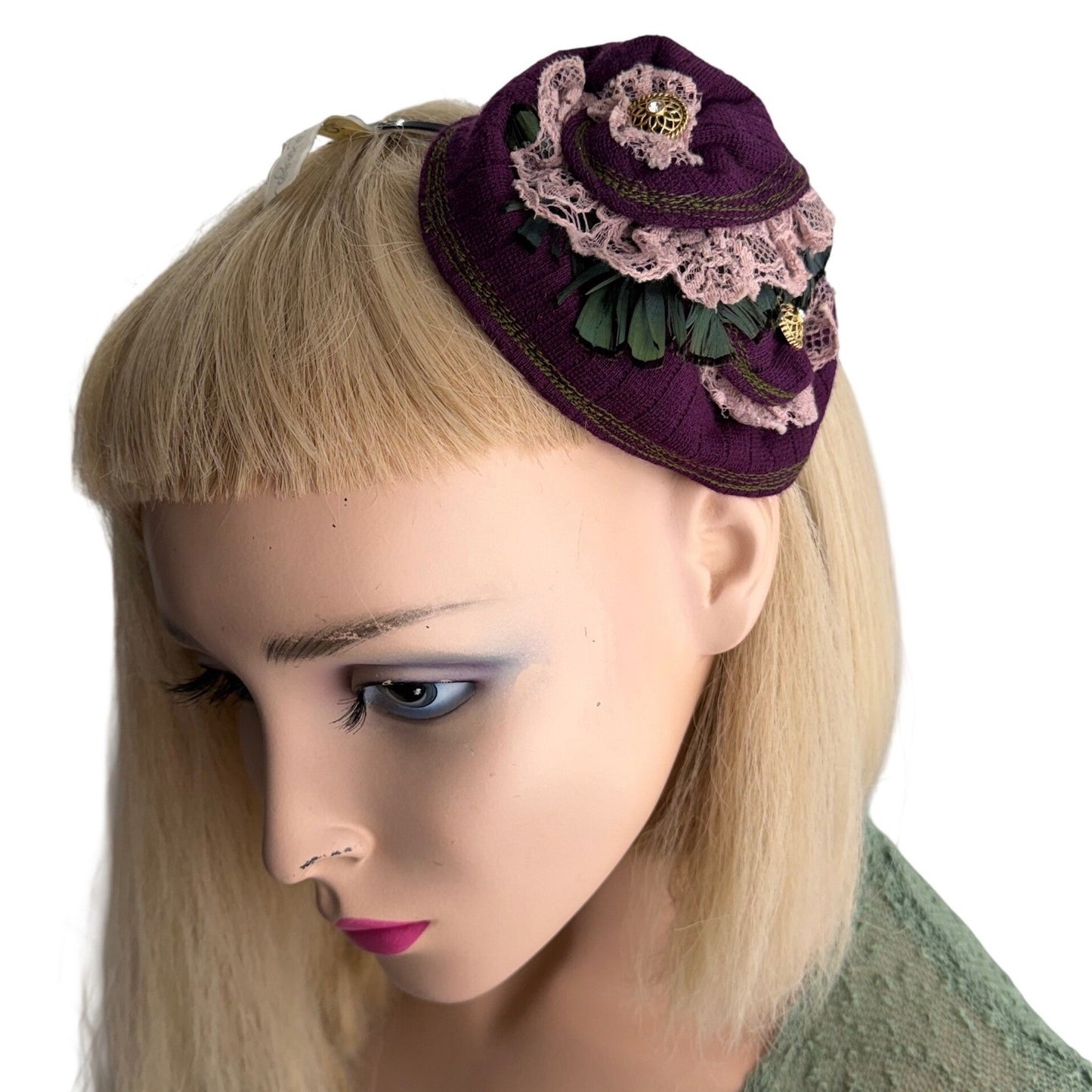 Handmade Fascinator Pillbox Style Purple Lace Feather Victorian Steampunk OS