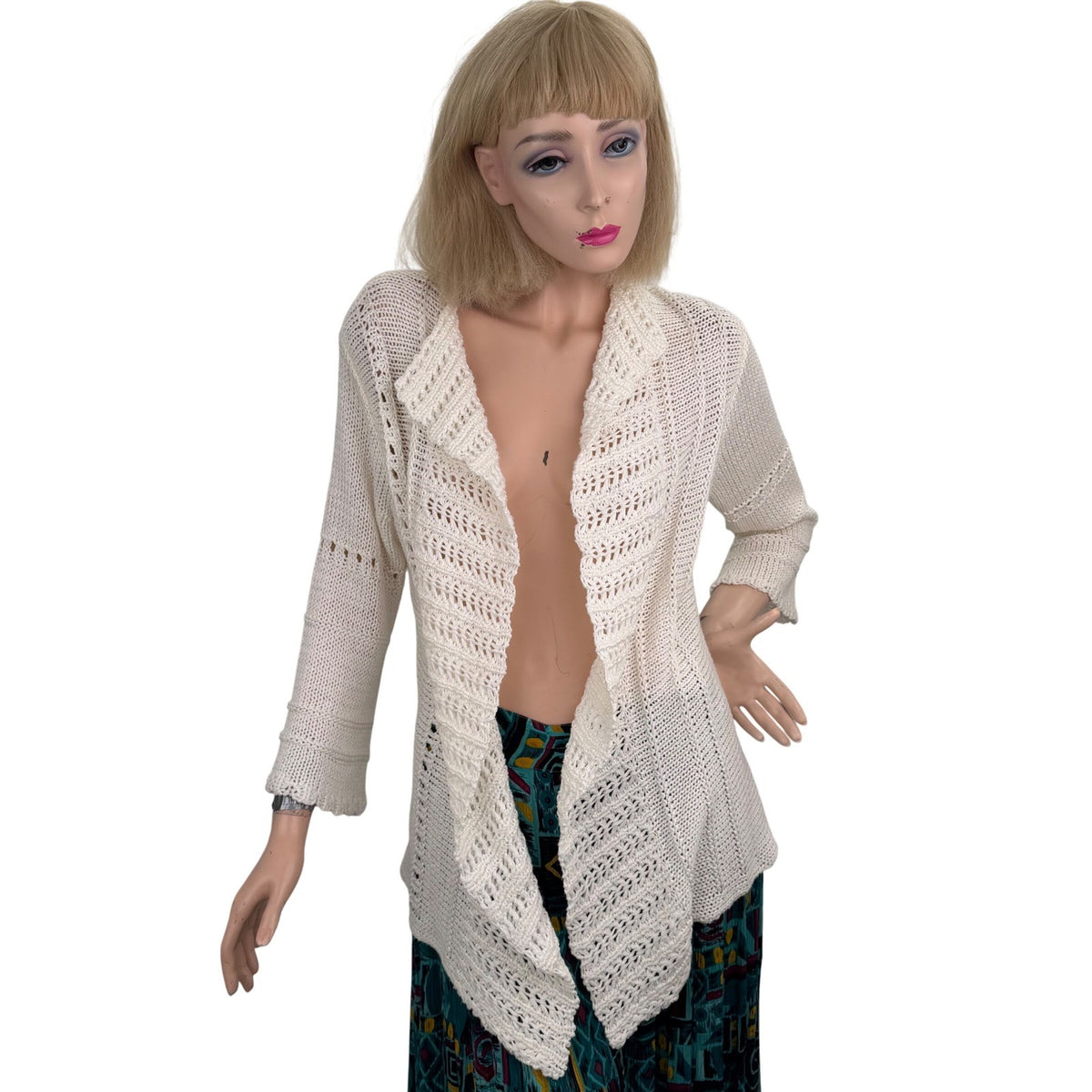 Vintage MOFFI International Ivory Open Knit Cardigan Bell Sleeve  Boho Sz Small