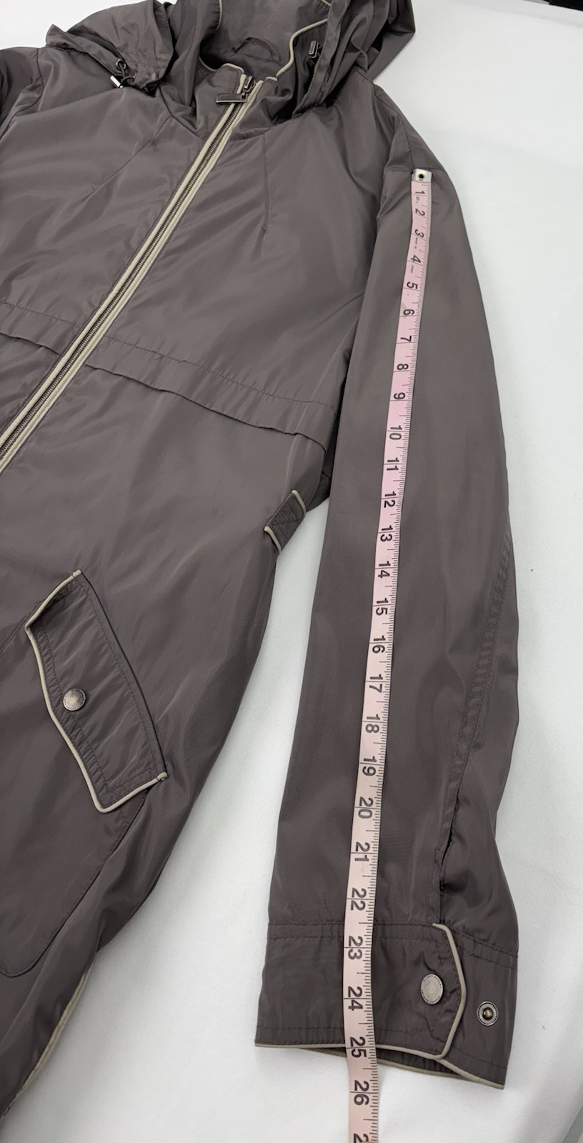 Hilary Radley Newyork Women's Taupe Jacket Zip Up Sz Large Hood Small Stain