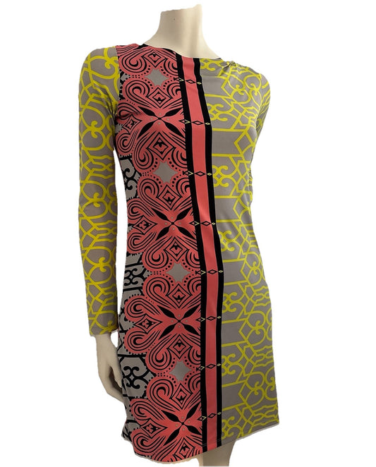 Analili Bodycon Dress -Geometric Mod Print - Long Sleeve Medium – Y2K Retro Bold