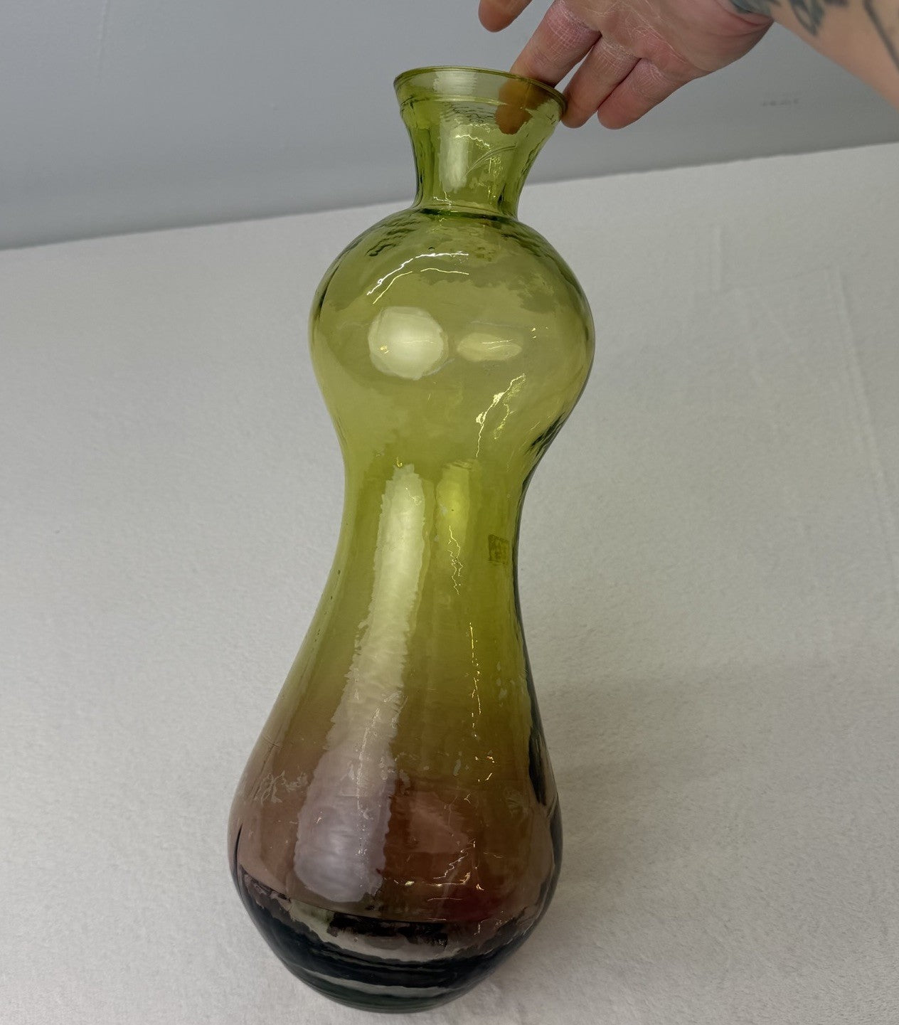 Hand Blown Spanish Art Glass Decanter Ombre Olive Amber Plum Genie Bottle W Plug