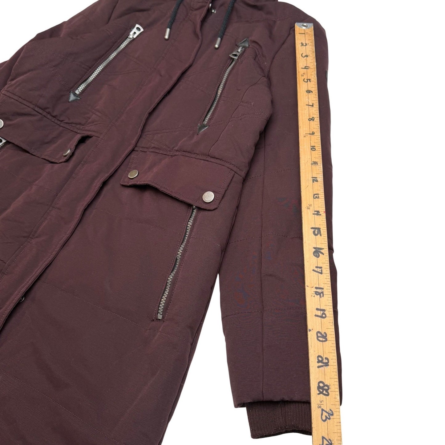 Lucky Brand Quilted Hooded Parka Jacket Burgundy Full Zip Pockets Womens Medium