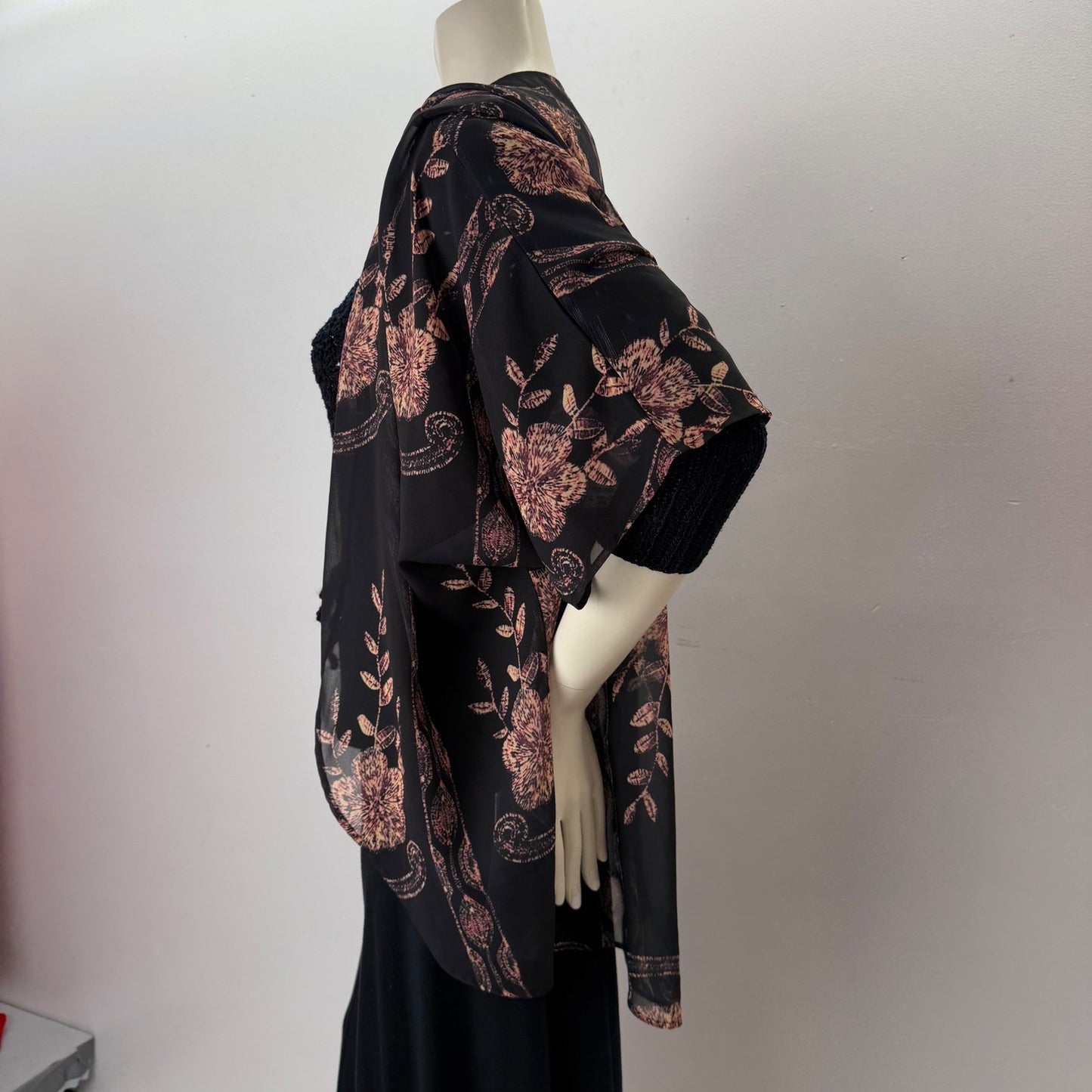 Womens Sheer Black Floral Kimono Wrap Open Front Draped Chiffon Boho Romantic
