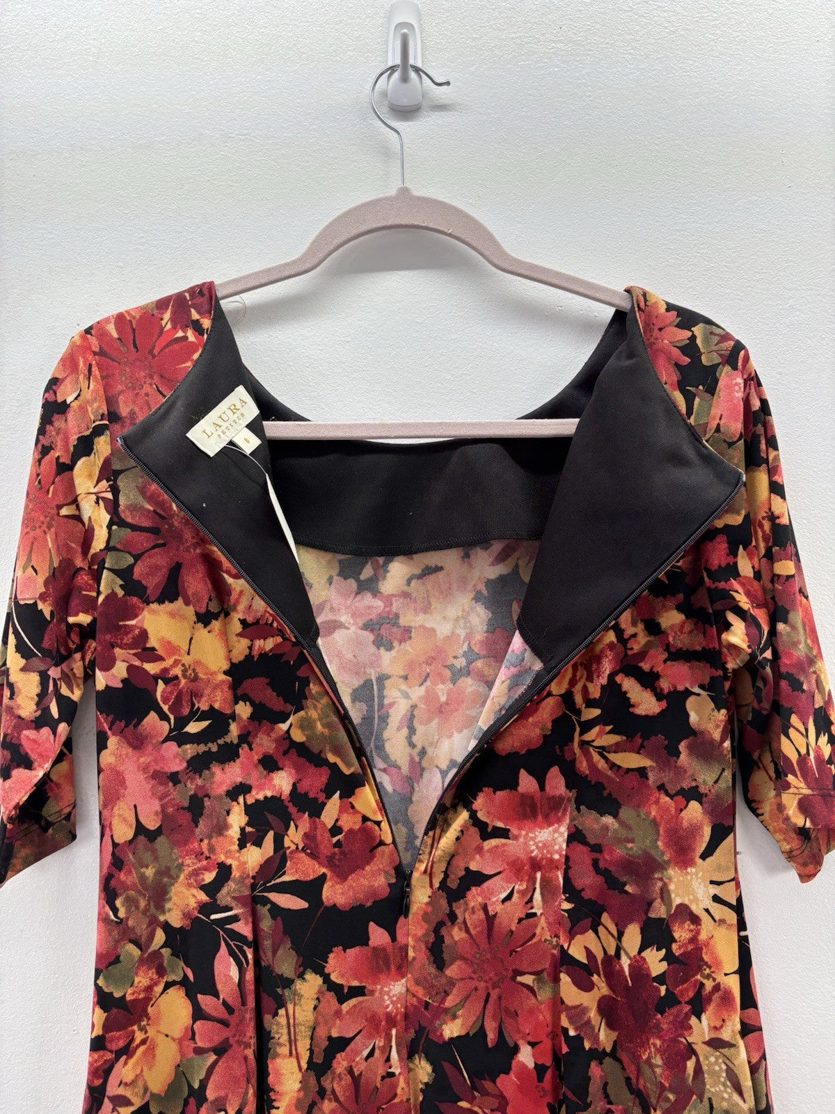 Laura Petites Floral Midi Dress Sz8 Trad Wife 3/4 Sleeve Boatneck Pockets Pleats