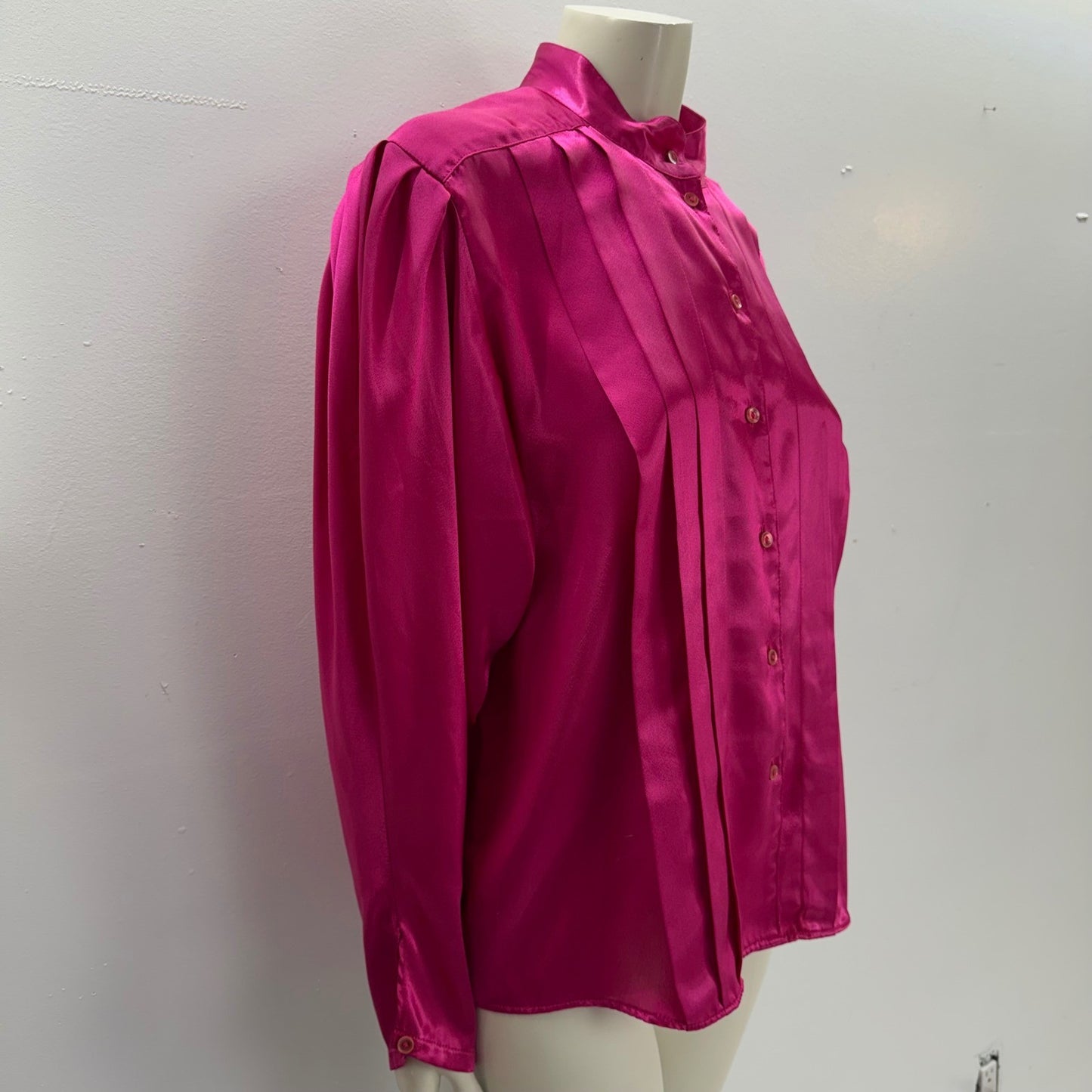Vintage Esprit Fuchsia Pink Satin Pintuck Pleated Mandarin Collar Blouse 80s 90s