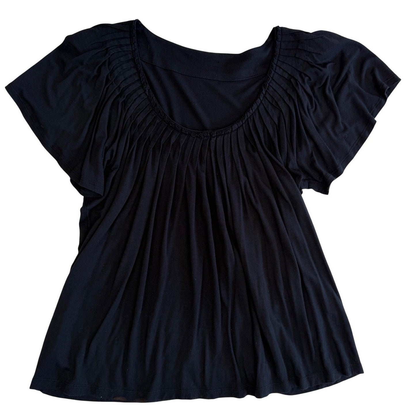 Black Pleated Blouse Sunburst Texture Short Sleeve Minimalist Whimsigoth Top M