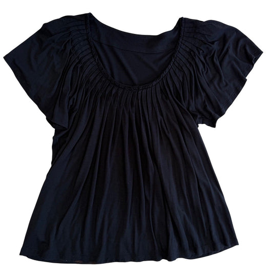 Black Pleated Blouse Sunburst Texture Short Sleeve Minimalist Whimsigoth Top M