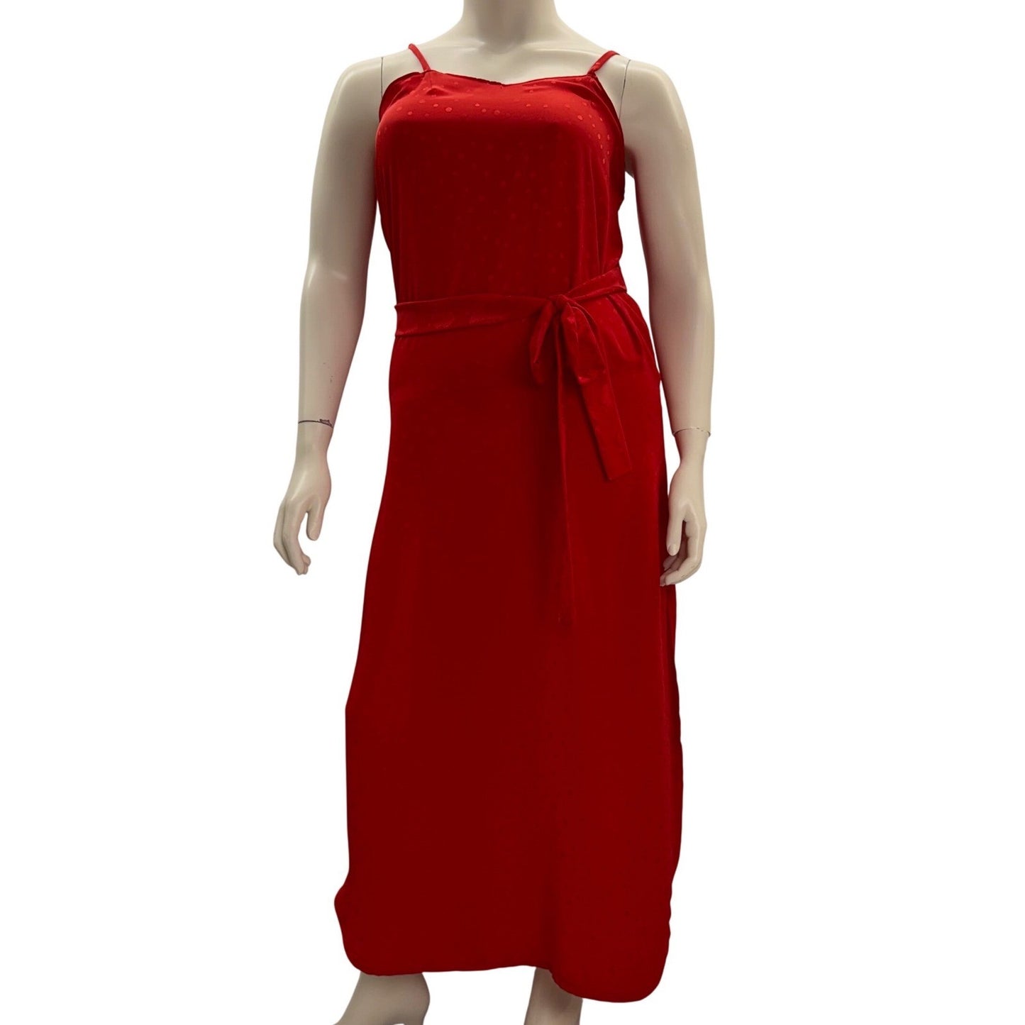 Handmade Red Polka Dot Satin Maxi Dress  Tie Waist Side Slit Sexy