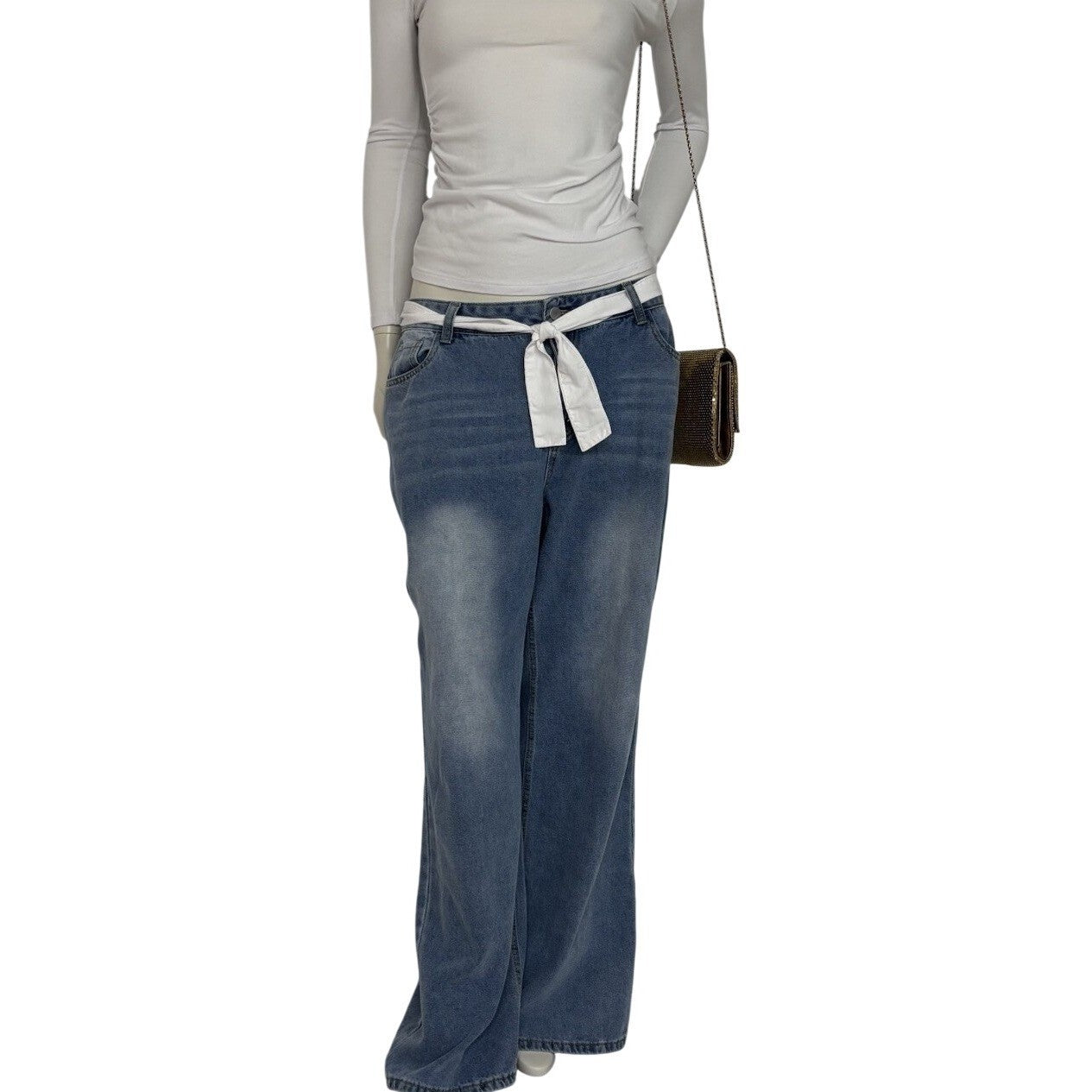 Women's Wide Leg Jeans 33x30 Slouchy Low Rise Y2K Baggy Denim White Belt Strap