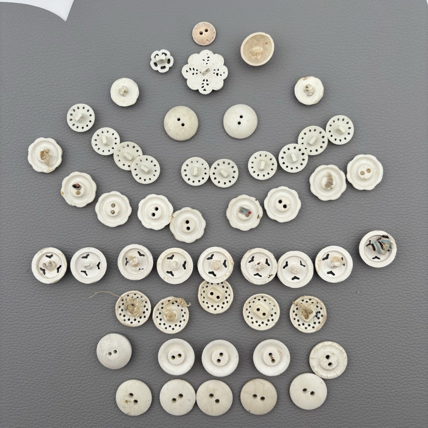 Vintage Carved Early Plastic Buttons – Antique White Floral & Pierced Mix 50 Lot
