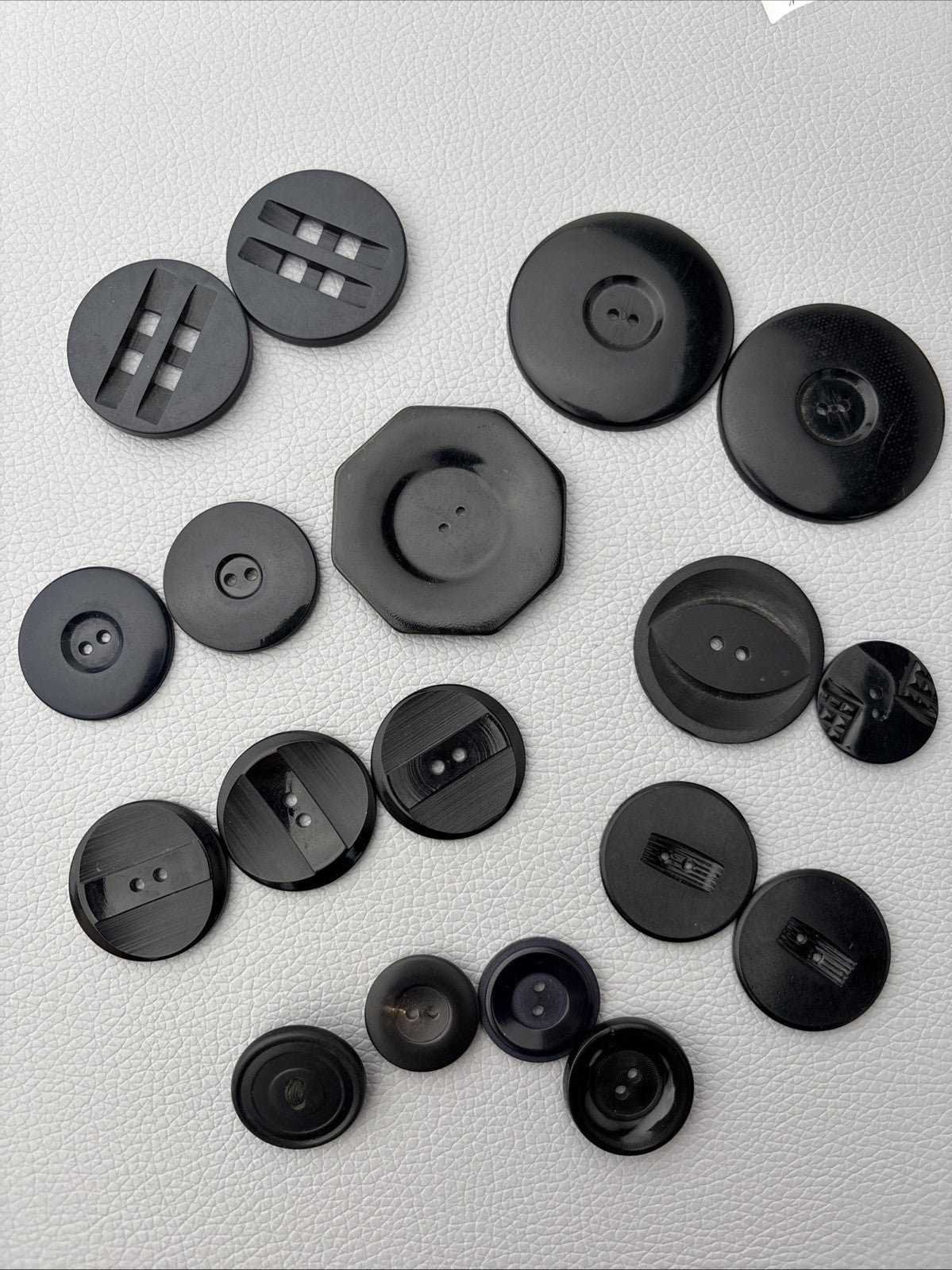 Vintage 1940s Black Bakelite Plastic Buttons Lot of 18 Carved Geometric Designs