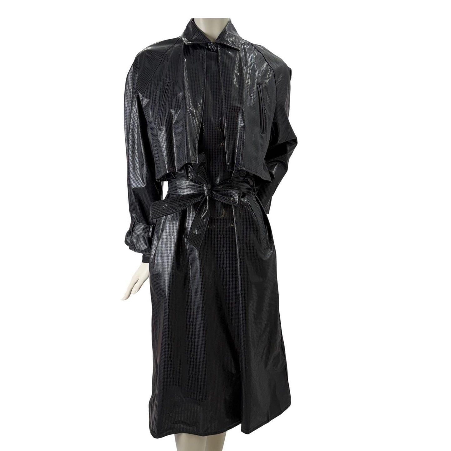 DJI Vintage Vinyl Trench Coat Black Glossy Grid Witchy Matrix Edgy M