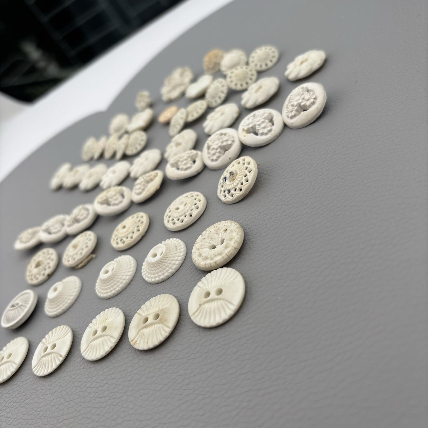Vintage Carved Early Plastic Buttons – Antique White Floral & Pierced Mix 50 Lot