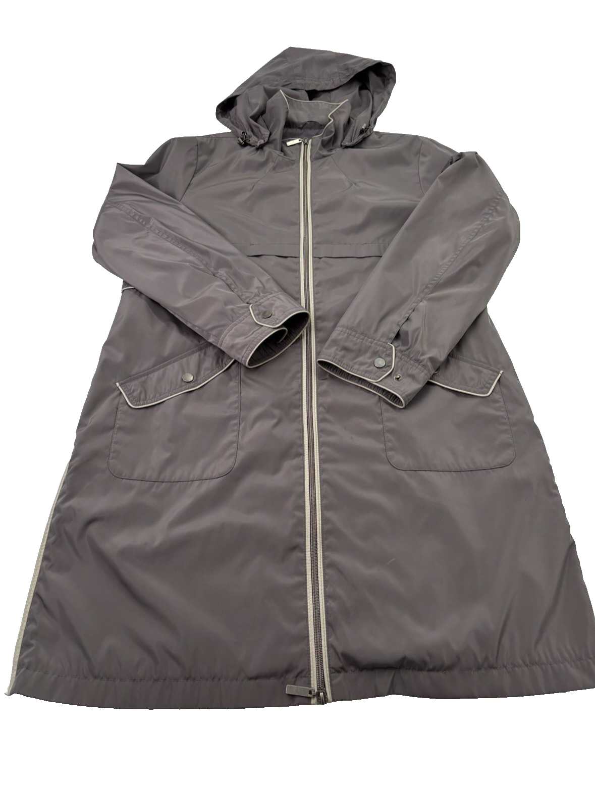 Hilary Radley Newyork Women's Taupe Jacket Zip Up Sz Large Hood Small Stain