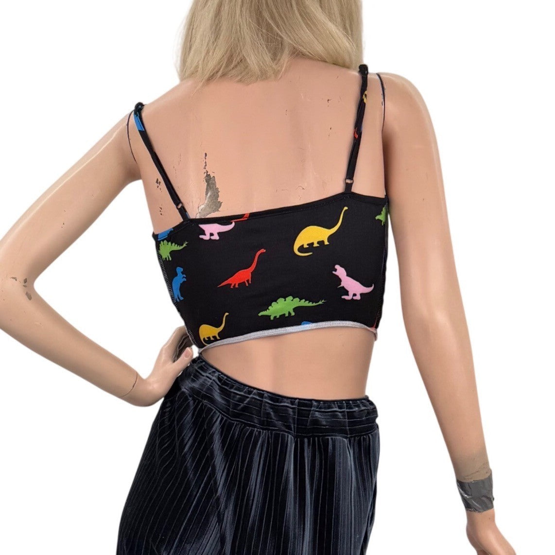 SHEIN Womens Dinosaur Print Black Corset Crop Top Cami Spaghetti Straps Small