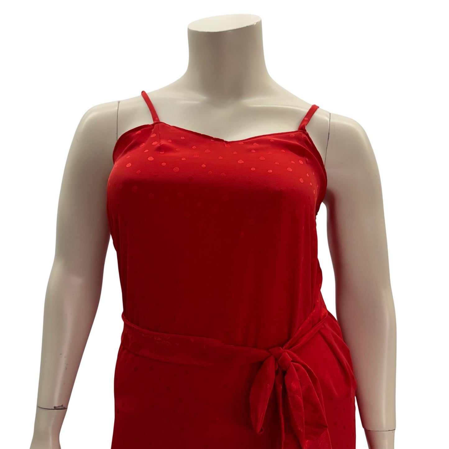 Handmade Red Polka Dot Satin Maxi Dress  Tie Waist Side Slit Sexy