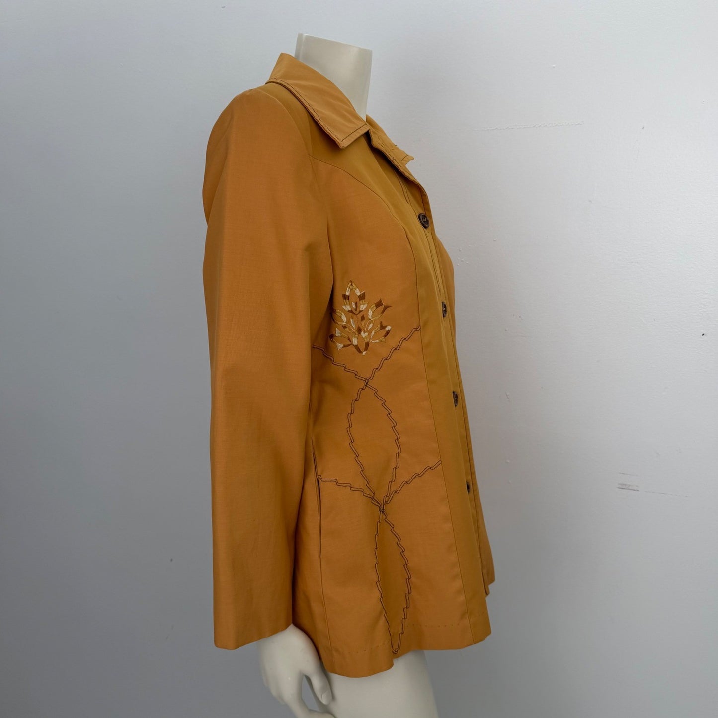 Vintage 70s Mustard Yellow Embroidered Button Up Jacket Pointed Collar Retro