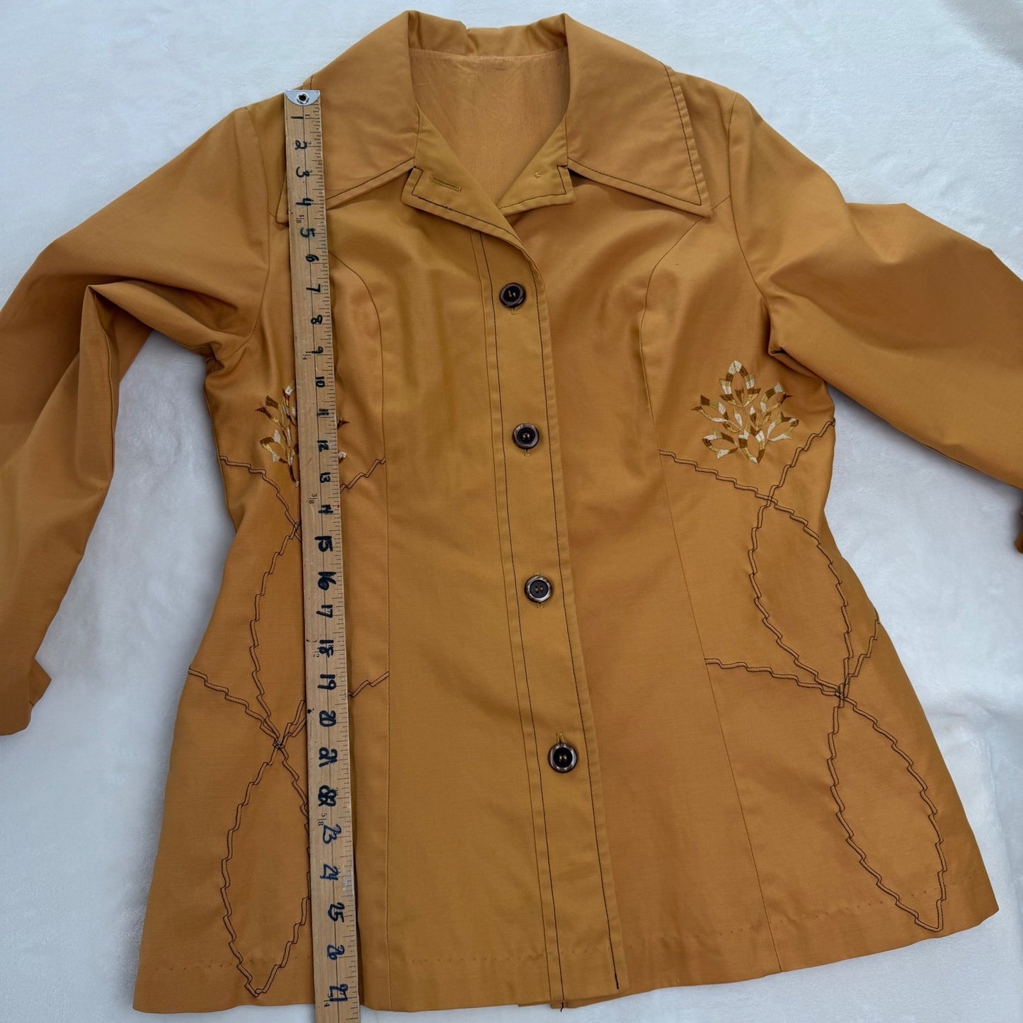 Vintage 70s Mustard Yellow Embroidered Button Up Jacket Pointed Collar Retro