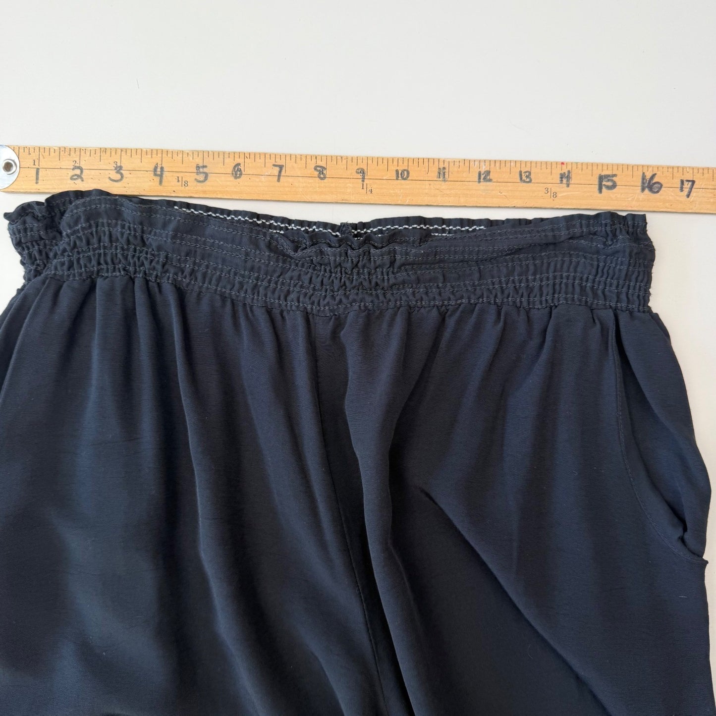 Vintage Wide Leg Pants Black Rayon Smocked High Waist Cropped Culottes Large