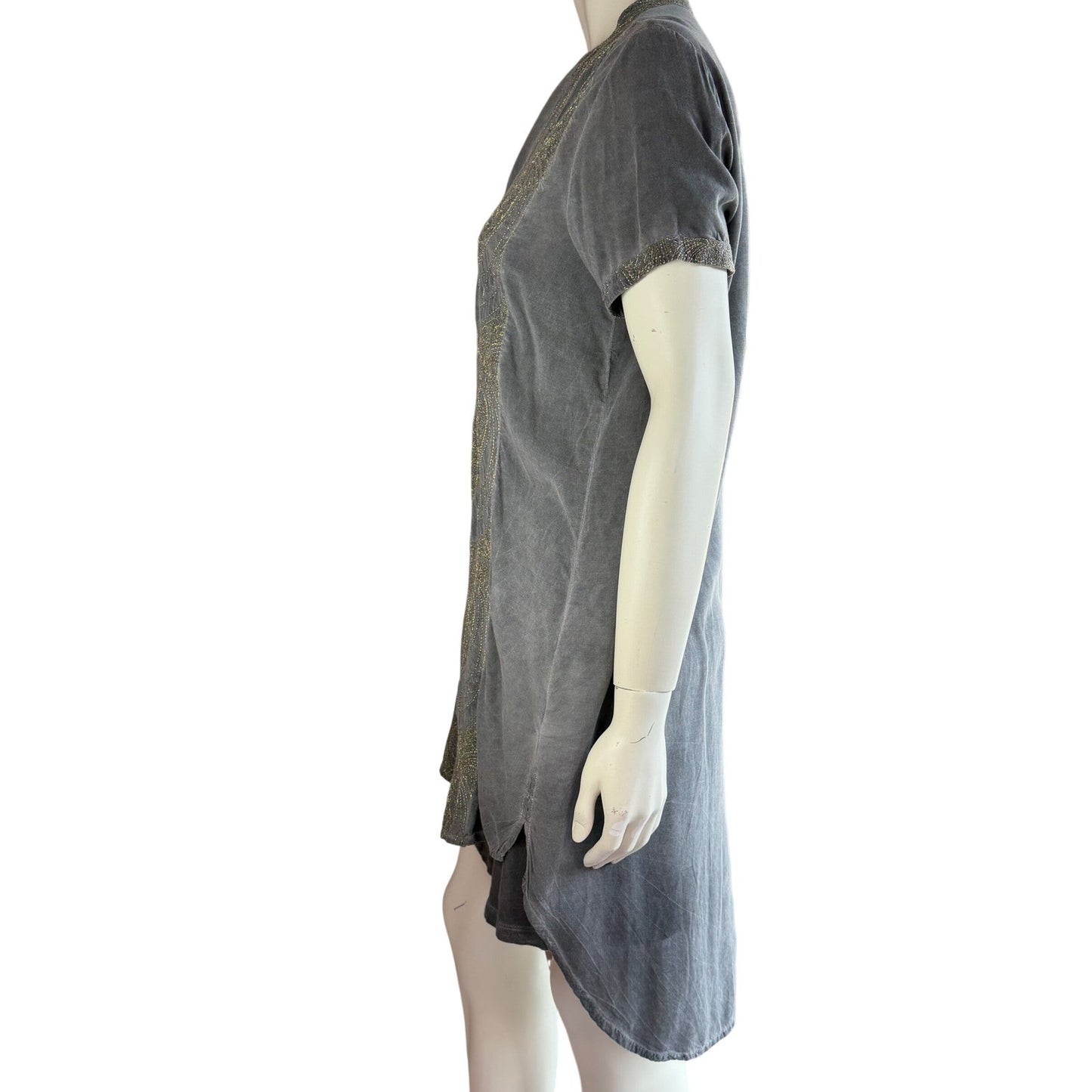 Black Swan Tunic Dress Embroidered Button Front Boho Whimsigoth Grey Gold Large