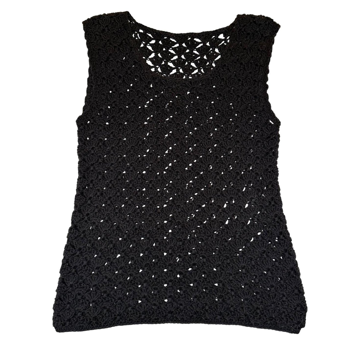 Vintage Crochet Tank Top Black Open Knit Shell Stitch Boho Parisian Chic Small