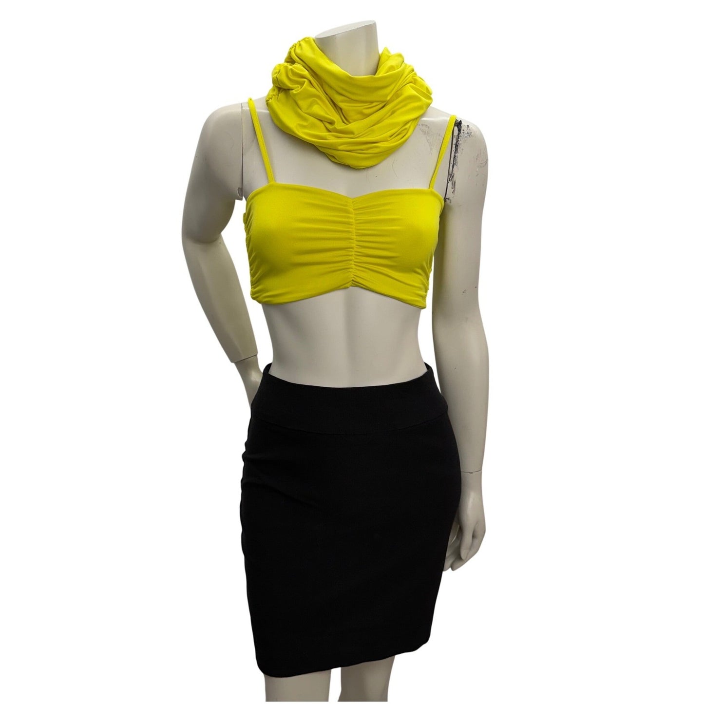Neon Yellow Body Con Set  + Black Lycra Mini Skirt Club Rave Festival Outfit S