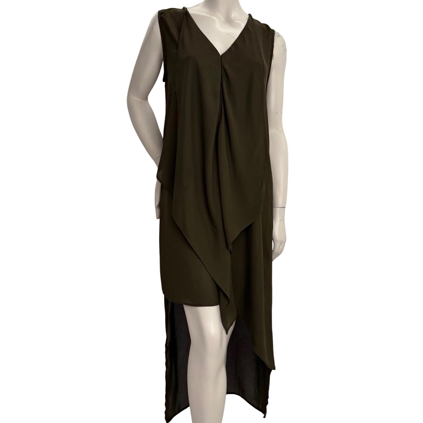 Olive Green High Low Draped V-Neck Top Sheer Dress Large Lagenlook Goblincore