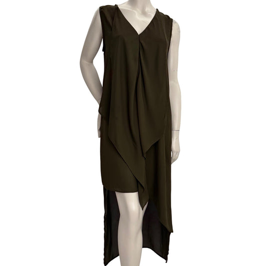 Olive Green High Low Draped V-Neck Top Sheer Dress Large Lagenlook Goblincore