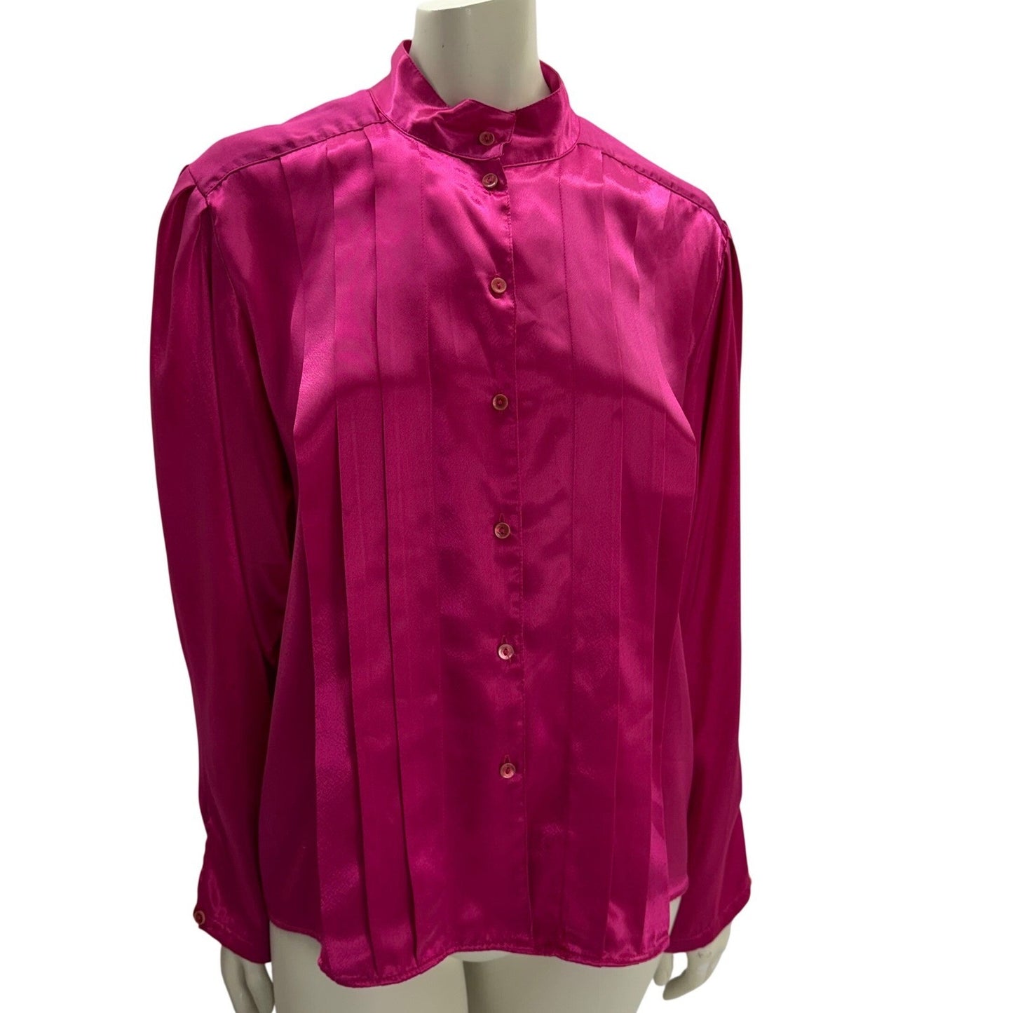 Vintage Esprit Fuchsia Pink Satin Pintuck Pleated Mandarin Collar Blouse 80s 90s