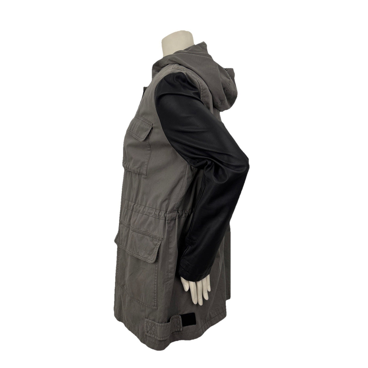 DKNY Grey  And Black Cargo Coat Drawstring Waist Full Lined Zipper Hood Outdoors