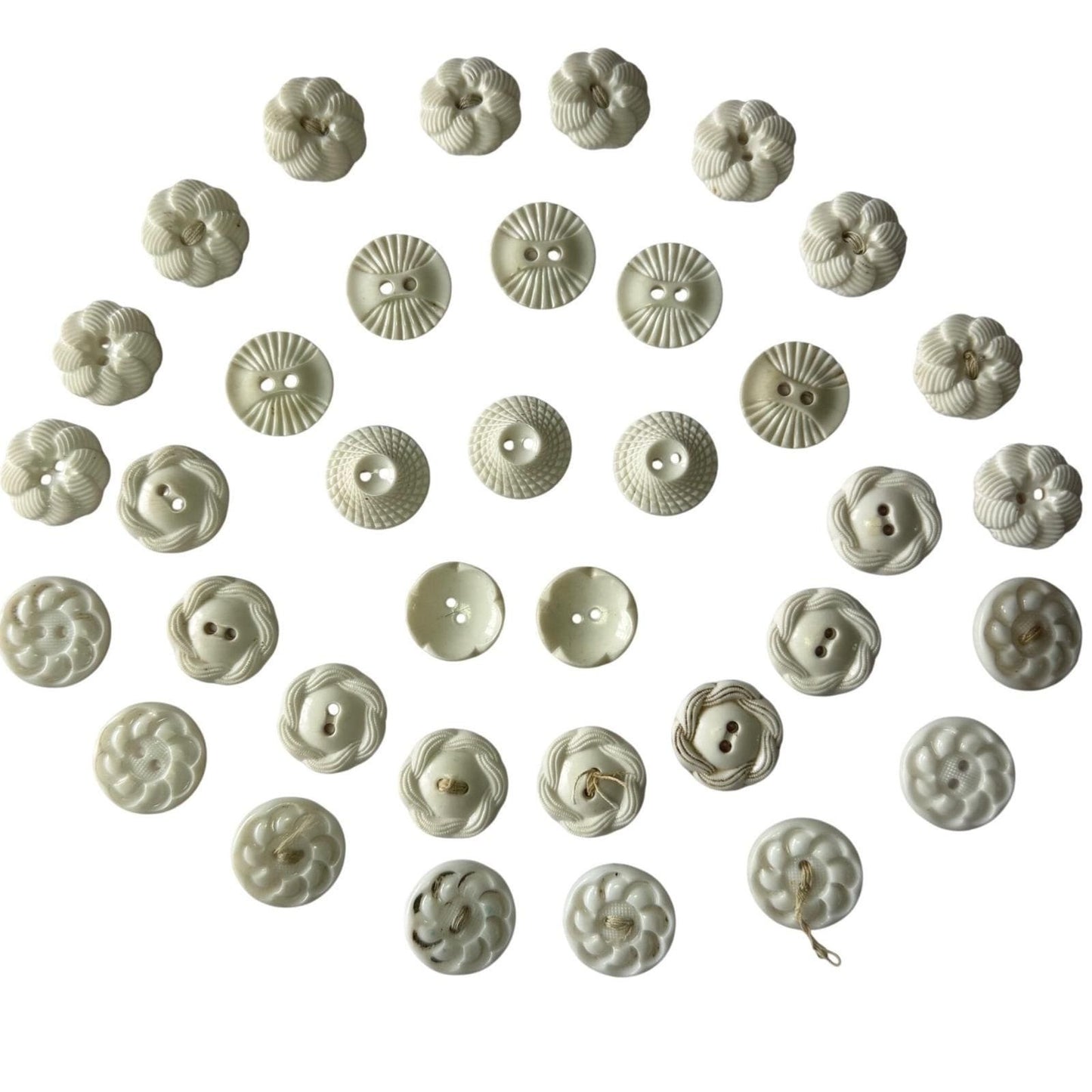 Antique Milk Glass Buttons Mixed Lot Floral Sunburst Victorian White 2Hole 36pc