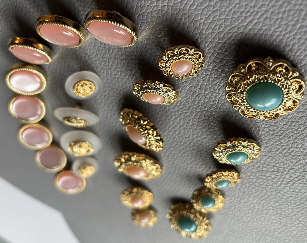 Contemporary Gold Filigree Cabochon Button Lot Pink Aqua Frosted Retro Style Set