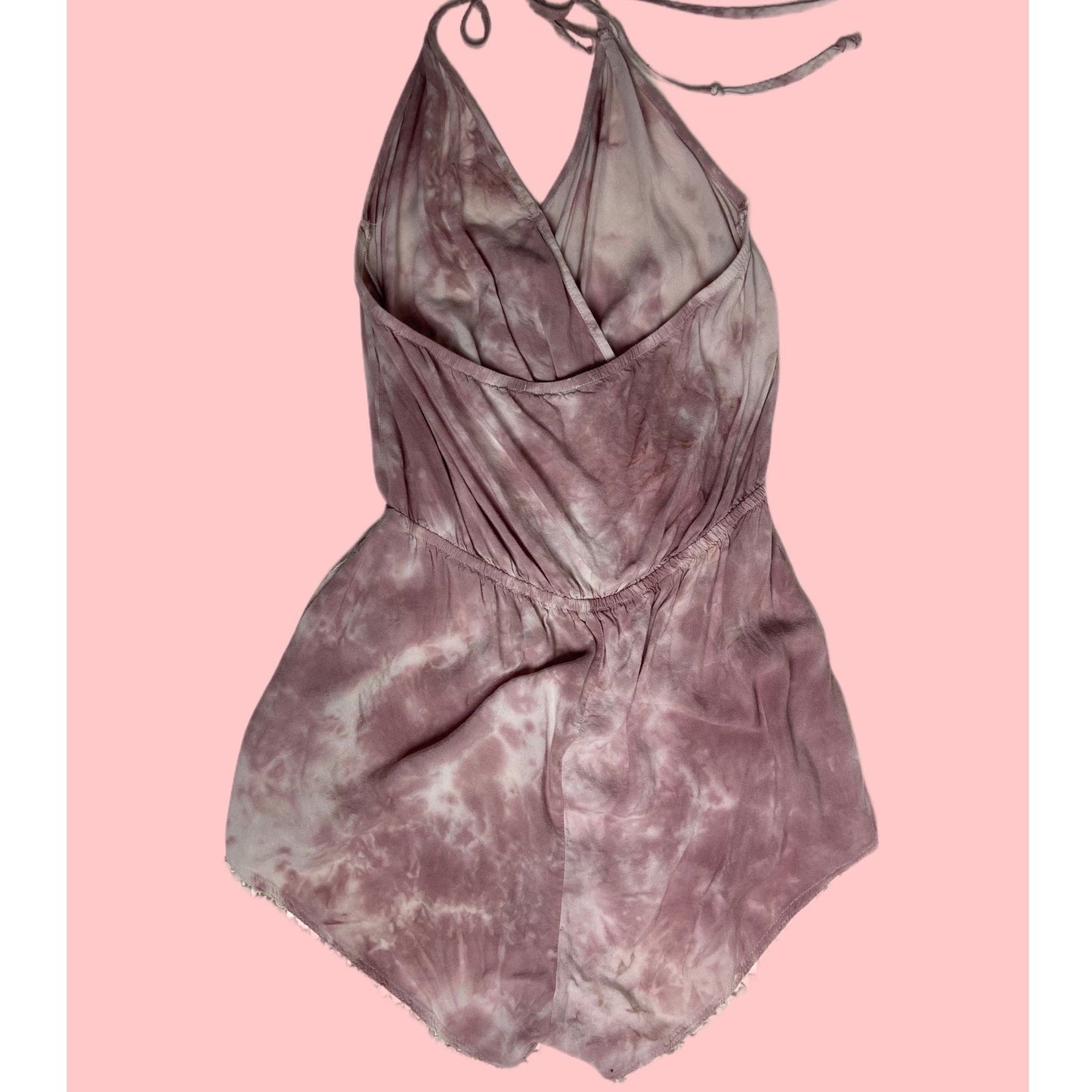 Mimi Chica Romper Tie Dye Halter Pom Pom Trim Boho Festival Mauve Large