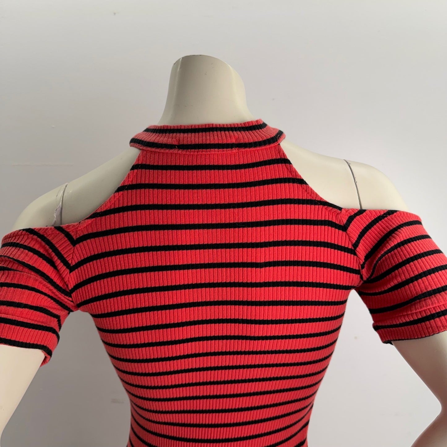 Derek Heart Striped Mini Dress Cold Shoulder Ribbed Bodycon Y2K Streetwear Edgy
