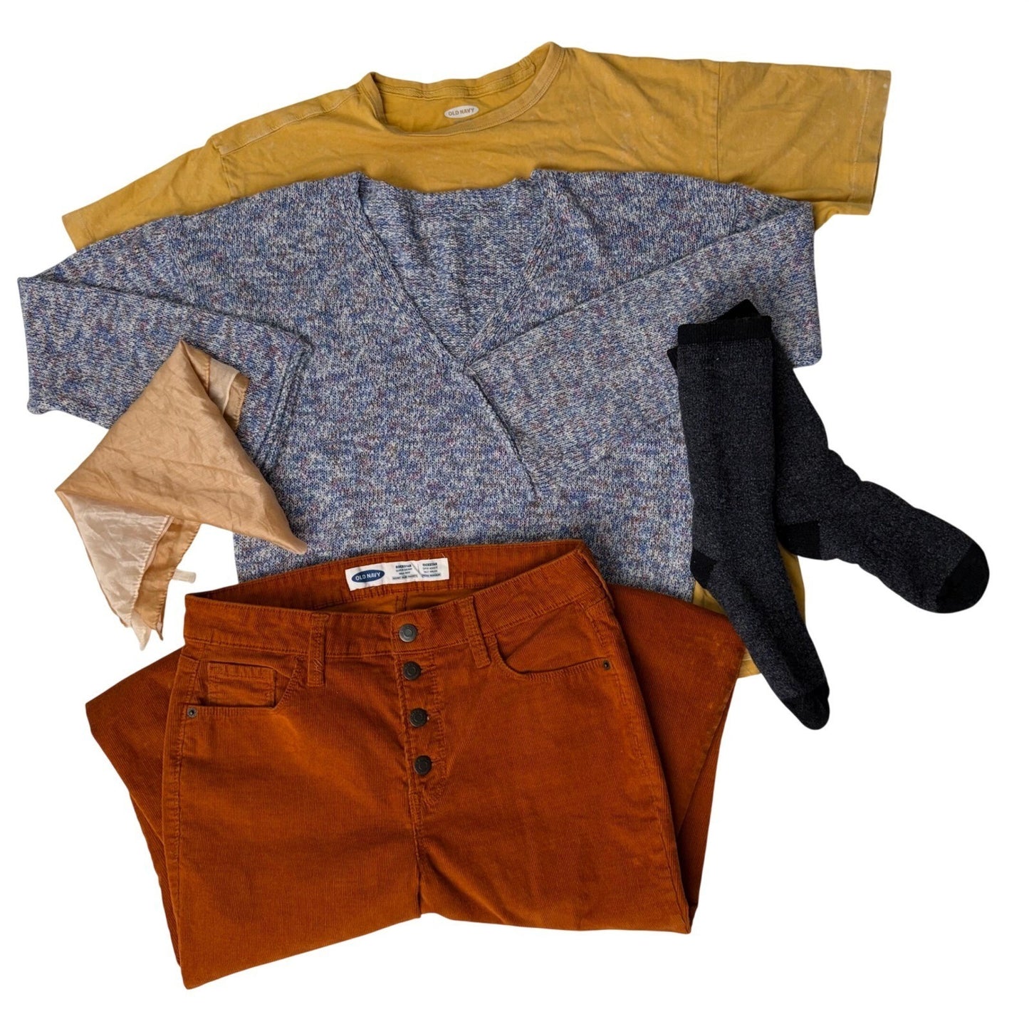 Fall Capsule Outfit - J.Crew Sweater Old Navy Tee Corduroy Pants Scarf Socks S